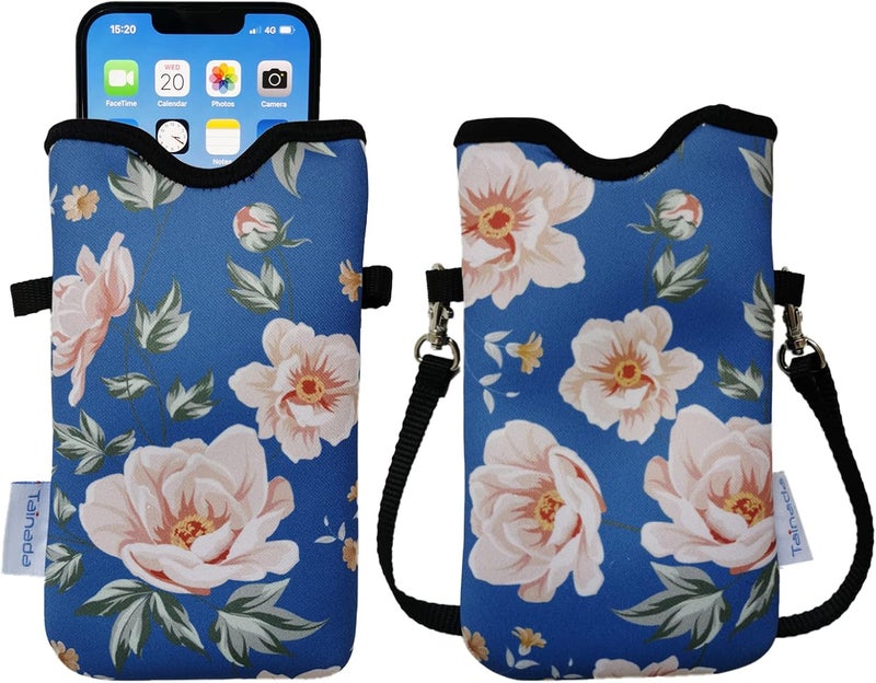 Tainada Men Women Neoprene Phone Sleeve Pouch Case Bag with Crossbody Strap/Neck Lanyard for iPhone 17/16/15 Pro Max, Air, 16/15/14 Plus, 16e; Samsung S25, S24, A56, Google Pixel 10, 9a (Blue Floral) - Image 1